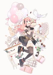 Rule 34 | 1girl, anniversary, armlet, balloon, bare shoulders, belt, bird, birthday cake, blue eyes, box, cake, chair, commentary, cup, cupcake, dove, flower, food, fruit, full body, gift, gift box, happy birthday, headphones, hechima (issindotai), highres, holding, holding cake, holding food, leg up, long hair, looking at viewer, macaron, megurine luka, midair, pink flower, pink hair, pink rose, plant, rose, skirt, smile, solo, strawberry, table, teacup, thighhighs, vocaloid, wrist cuffs, zettai ryouiki