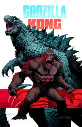 Rule 34 | character request, clenched hands, commentary, copyright name, crossover, dan mora, english commentary, godzilla, godzilla (series), godzilla vs. kong, gorilla, highres, kaijuu, king kong, king kong (series), kong (monsterverse), legendary pictures, looking at viewer, looking up, monsterverse, no humans, open hands, open mouth, red eyes, scar, scar on chest, sharp teeth, teeth, toho
