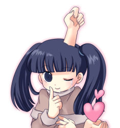 Rule 34 | 1girl, black eyes, black hair, extra arms, heart, index finger raised, long hair, lowres, monoko, one eye closed, smile, solo, tears, twintails, yume nikki