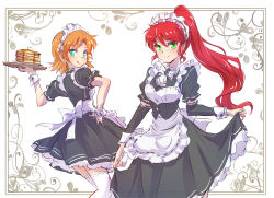 Rule 34 | 2girls, apron, black dress, blue eyes, butter, clothes lift, commentary request, dress, food, green eyes, highres, holding, holding plate, iesupa, lifted by self, maid, maid apron, maid headdress, multiple girls, nora valkyrie, orange hair, pancake, plate, pyrrha nikos, red hair, rwby, skirt, skirt lift, syrup, tray, waitress, white apron