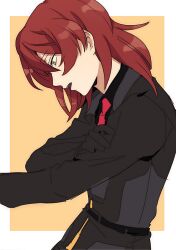 Rule 34 | androgynous, belt, black belt, black gloves, black shirt, commentary request, employee (project moon), gloves, hand on own arm, lobotomy corporation, long sleeves, medium hair, medu (rubish), necktie, open mouth, project moon, red hair, red necktie, shirt, simple background, solo, teeth, upper teeth only, yellow eyes