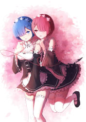 Rule 34 | 10s, 2girls, absurdres, alternate legwear, blue eyes, blue hair, blush, detached sleeves, eye contact, hair ornament, hair over one eye, hand on another&#039;s shoulder, hand on own chest, highres, incest, jumping, looking at another, maid, multiple girls, pink hair, ram (re:zero), re:zero kara hajimeru isekai seikatsu, rem (re:zero), short hair, shy (953416992), siblings, simple background, sisters, smile, string, string of fate, thighhighs, twins, white legwear, x hair ornament, yuri, zettai ryouiki