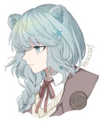 Rule 34 | 1girl, animal ears, arknights, bear ears, beige vest, blue eyes, blue hair, bolo tie, braid, brown sweater, character name, commentary, cyrillic, from side, hair ornament, highres, istina (arknights), long hair, neck ribbon, no eyewear, pin, portrait, red ribbon, ribbon, shirt, simple background, single braid, solo, star (symbol), star hair ornament, sweater, vhdtyzusixc7fai, white background, white shirt