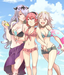Rule 34 | bikini, bikini top only, breasts, camilla (fire emblem), cleavage, closed eyes, cloud, corrin (female) (fire emblem), corrin (fire emblem), day, drink, drinking straw, fire emblem, fire emblem fates, frilled bikini, frills, front-tie top, hair over one eye, hairband, innertube, kona (silent913), large breasts, long hair, multiple girls, navel, nintendo, open mouth, parted lips, pink hair, purple eyes, sarong, short shorts, shorts, skindentation, sky, smile, soleil (fire emblem), striped bikini, striped clothes, swim ring, swimsuit