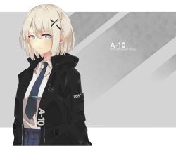 Rule 34 | 1girl, absurdres, blue eyes, blue skirt, breasts, english text, highres, hood, hood down, jacket, looking at viewer, necktie, nyxview, original, shirt, short hair, skirt, solo, white hair, white shirt
