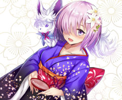 Rule 34 | 1girl, alcohol, bad id, bad pixiv id, blush, breasts, collarbone, cup, dutch angle, fate/grand order, fate (series), floral background, floral print, flower, fou (fate), hair flower, hair ornament, hair over one eye, harimoji, holding, japanese clothes, kimono, light purple hair, long sleeves, looking at viewer, mash kyrielight, mash kyrielight (grand new year), new year, obi, official alternate costume, on shoulder, open mouth, purple eyes, purple kimono, sakazuki, sake, sash, short hair, smile, solo, white flower