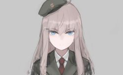 Rule 34 | 1girl, beretta model 38 (girls&#039; frontline), blue eyes, brown hair, closed mouth, collared shirt, flower, girls&#039; frontline, green hat, green jacket, grey background, hair flower, hair ornament, hairclip, hat, highres, jacket, long hair, looking at viewer, necktie, portrait, rampart1028, red necktie, shirt, simple background, solo, white shirt