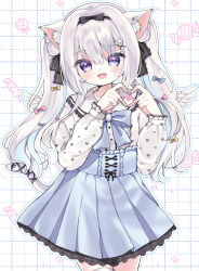 Rule 34 | 1girl, :d, absurdres, animal ear fluff, animal ears, black bow, blue bow, blue eyes, blue skirt, bow, center frills, collared shirt, commentary request, dotted line, dress shirt, frills, grey hair, hair bow, hair intakes, hands up, heart, heart hands, heart in eye, heart print, heterochromia, highres, indie virtual youtuber, long hair, long sleeves, looking at viewer, ni kiro, open mouth, pink bow, pleated skirt, print shirt, puffy long sleeves, puffy sleeves, purple eyes, shirt, skirt, smile, solo, sorashi purumu, symbol in eye, thighhighs, twintails, very long hair, virtual youtuber, white background, white shirt, white thighhighs, yellow bow