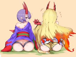 Rule 34 | 2girls, animal print, arm up, ass, bare shoulders, black panties, blonde hair, cup, eyebrows, fate/grand order, fate (series), from behind, horns, ibaraki douji (fate), japanese clothes, kakihou, kimono, long hair, looking at viewer, looking back, multiple girls, no pants, off shoulder, oni, orange kimono, panties, pointy ears, print panties, purple eyes, purple hair, purple kimono, sakazuki, short hair, short kimono, shuten douji (fate), simple background, sitting, skin-covered horns, smile, thong, tiger print, underwear