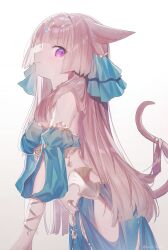 Rule 34 | 1girl, animal ears, bare shoulders, blunt bangs, blush, cat ears, cat girl, cat tail, character request, circlet, closed mouth, commentary, copyright request, crop top, detached sleeves, facing to the side, funa (sakana), hair over shoulder, highres, hip vent, long hair, looking at viewer, looking to the side, midriff, pink hair, purple eyes, skirt, solo, straight hair, symbol-only commentary, tail