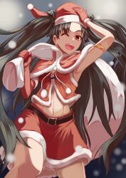 Rule 34 | 1girl, ;d, arm up, armlet, armpits, asymmetrical bangs, asymmetrical gloves, belt, black belt, black hair, black ribbon, breasts, capelet, carrying over shoulder, christmas, commentary request, elbow gloves, fate/grand order, fate (series), fur-trimmed capelet, fur-trimmed headwear, fur-trimmed skirt, fur-trimmed vest, fur trim, gloves, hair ribbon, hand on headwear, hat, highres, holding, holding sack, inugami86, ishtar (fate), long hair, looking at viewer, midriff, navel, one eye closed, open mouth, pom pom (clothes), red eyes, red gloves, red skirt, red vest, ribbon, sack, santa costume, santa hat, simple background, single elbow glove, skirt, small breasts, smile, snowing, solo, teeth, twintails, upper teeth only, vest