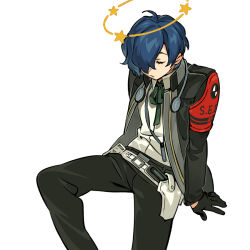Rule 34 | 1boy, armband, belt, black gloves, black pants, blue hair, closed mouth, collared shirt, favilia, gloves, green ribbon, hair over one eye, holster, jacket, long sleeves, male focus, pants, persona, persona 3, persona 3 reload, red armband, ribbon, seeing stars, shirt, simple background, sitting, solo, white background, white shirt, yuuki makoto (persona 3)