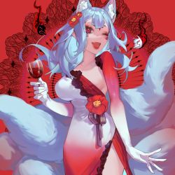 Rule 34 | 1girl, alcohol, animal ears, blush, breasts, cleavage, cup, detached sleeves, dress, drinking glass, elbow gloves, extra ears, eyeliner, facial mark, flower, forehead mark, fox ears, fox girl, fox mask, fox tail, gear (gear 990), gloves, grey hair, hikimayu, large breasts, looking at viewer, makeup, mask, mature female, medium hair, mole, mole under eye, multicolored clothes, multicolored gloves, multiple tails, nijisanji, nijisanji en, nina kosaka, one eye closed, open mouth, patterned background, red background, red dress, red eyeliner, red eyes, red flower, red gloves, red wine, short eyebrows, smile, solo, tail, virtual youtuber, white dress, white gloves, wine, wine glass