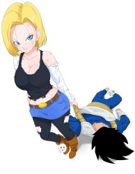 Rule 34 | 1boy, 1girl, absurdres, after battle, android 18, armor, belt, black hair, blonde hair, blue eyes, breasts, cleavage, dragging, dragonball z, earrings, gloves, hand on own hip, highres, jewelry, large breasts, looking at viewer, midriff, skirt, smug, torn clothes, vegeta, wardrobe malfunction