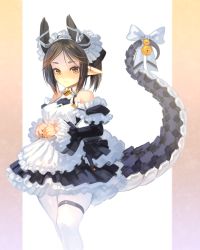Rule 34 | 1girl, apron, bell, black nails, brown hair, commentary request, detached sleeves, frilled skirt, frilled sleeves, frills, highres, horns, long sleeves, maid, maid apron, mechanical tail, nail polish, original, pointy ears, ponytail, puribate (helgoland), ribbon, simple background, skirt, solo, tail, tail ornament, tail ribbon, thigh strap, white legwear, white ribbon, yellow eyes