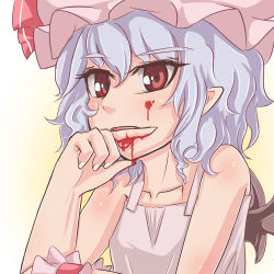 Rule 34 | 1girl, b.d, bare shoulders, bat wings, blood, blood on face, blue hair, close-up, female focus, hat, pointy ears, red eyes, remilia scarlet, short hair, solo, touhou, wings