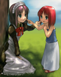 Rule 34 | 00s, 2girls, aged down, android, blue eyes, hisui (tsukihime), maid, mecha hisui, melty blood, multiple girls, negy, pink hair, purple hair, ribbon, sandals, time paradox, tsukihime