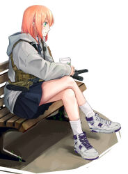 Rule 34 | 1girl, black ribbon, black skirt, blush, closed mouth, coffee cup, collared shirt, commentary request, crossed legs, cup, disposable cup, from side, green eyes, grey hoodie, highres, holding, holding cup, hood, hood down, hoodie, neck ribbon, orange hair, original, pleated skirt, ribbon, rico (remilia), shirt, shoes, simple background, sitting, skirt, smile, socks, solo, weapon request, white background, white footwear, white shirt, white socks