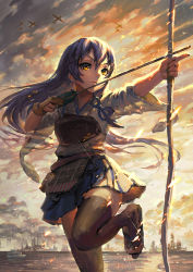 Rule 34 | 1girl, aircraft, airplane, archery, arrow (projectile), blue hair, bow (weapon), brown eyes, cosplay, drawing bow, gloves, gou (ga673899), haoni, holding bow (weapon), japanese clothes, kaga (kancolle), kaga (kancolle) (cosplay), kantai collection, kyuudou, long hair, love live!, love live! school idol project, muneate, partially fingerless gloves, partly fingerless gloves, revision, skirt, solo, sonoda umi, tasuki, thighhighs, trait connection, weapon, yugake
