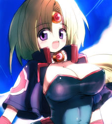 Rule 34 | 1990s (style), 1girl, bad id, bad pixiv id, blonde hair, breasts, circlet, cleavage, cloud, day, forehead jewel, haou taikei ryuu knight, headband, highres, large breasts, paffy pafuricia, purple eyes, rondo bell, sky, smile, solo
