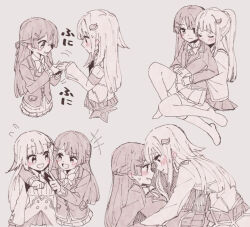 Rule 34 | 2girls, :d, ^^^, arm around neck, arm support, blazer, blush, closed eyes, closed mouth, dot nose, eye contact, face-to-face, greyscale, hatching (texture), holding hands, imminent kiss, jacket, linear hatching, lize helesta, long hair, long sleeves, looking at another, miniskirt, monochrome, motion lines, multiple girls, nijisanji, open mouth, pleated skirt, school uniform, sidelocks, skirt, smile, sou (tuhut), spot color, straight hair, thighhighs, tsukino mito, virtual youtuber, yuri, zettai ryouiki