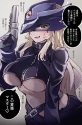 Rule 34 | 1girl, beelstarmon, black jacket, black pants, blonde hair, blush, breasts, closed jacket, commentary request, cropped jacket, digimon, digimon (creature), eye mask, fang, gun, highres, holding, holding gun, holding weapon, jacket, large breasts, long hair, looking at viewer, midriff, pants, skin fang, small sweatdrop, solo, third eye, translation request, underboob, weapon, yasuhara roku