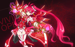 Rule 34 | 1girl, antenna hair, boots, dress, energy, energy ball, highres, leotard, long hair, looking at viewer, mecha musume, mechanical wings, open clothes, open skirt, panties, pink panties, raptor7, red background, red dress, red eyes, red hair, simple background, skirt, standing, text focus, thigh boots, thighhighs, twintails, underwear, very long hair, vividred, vividred operation, white footwear, white thighhighs, wings