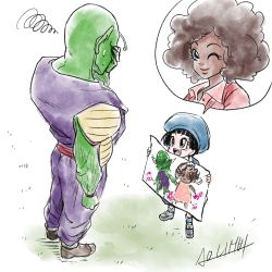 Rule 34 | 1boy, 2022, 2girls, afro, age difference, artist request, big hair, black hair, brown hair, child, colored skin, dark skin, dragon ball, dragon ball super, dragon ball super super hero, drawing, embarrassed, full body, grass, green skin, hat, hetero, highres, janet (dragon ball), kindergarten uniform, lips, looking at another, multiple girls, muscular, one eye closed, pan (dragon ball), piccolo, pointy ears, simple background, smile, speech bubble, standing, sweater, teacher, white background, wink