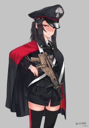 Rule 34 | 1girl, 3:, absurdres, arx-160, assault rifle, black hair, black thighhighs, carabinieri, cloak, closed mouth, cowboy shot, eotech, folding stock, foregrip, grey background, gun, gun sling, half-closed eyes, hat, highres, italian flag, italy, laser sight, looking at viewer, military, military hat, military uniform, original, peaked cap, ponytail, red eyes, rifle, sidelocks, simple background, solo, ssamjang (misosan), stock (firearm), thighhighs, twitter username, uniform, weapon
