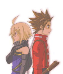 Rule 34 | 00s, 2boys, back-to-back, blonde hair, brown eyes, brown hair, detached sleeves, emil castagnier, lloyd irving, male focus, multiple boys, red eyes, red shirt, scarf, shirt, sword, tales of (series), tales of symphonia, tales of symphonia: dawn of the new world, weapon, white background