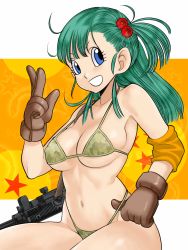 Rule 34 | 1girl, artist request, bikini, bikini pull, blue eyes, breasts, bulma, camouflage, camouflage bikini, cleavage, clothes pull, curvy, dragon ball, eyelashes, female focus, gloves, green bikini, happy, highleg, highleg bikini, highres, large breasts, long hair, micro bikini, official style, ponytail, pulling own clothes, shiny skin, side ponytail, smile, solo, stomach, swimsuit, thong, v, weapon