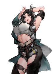 Rule 34 | 1girl, arknights, armpits, arms up, black eyes, black gloves, black hair, black pants, black shorts, blue jacket, breasts, chaps, commentary request, crop top, fingerless gloves, forehead, gloves, highres, jacket, looking at viewer, material growth, medium breasts, navel, open clothes, open jacket, open mouth, oripathy lesion (arknights), pants, parted bangs, short shorts, shorts, simple background, single glove, solo, white background, wind chimes (arknights), xiayimozhu