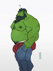 Rule 34 | 1boy, ?, ass, ass lift, bara, beard, big belly, bulge, bulge lift, chest hair, chest tuft, colored skin, denim, dressing, facial hair, fat, fat man, feet out of frame, from side, green skin, highres, i&#039;ve never seen a guy recreate this successfully tbh (meme), jeans, large areolae, large bulge, large pectorals, long beard, looking at viewer, male focus, male underwear, mature male, meme, monster boy, muscular, muscular male, navel, navel hair, nipples, open pants, orc, original, pants, pants lift, pectorals, pointy ears, red male underwear, short hair, sideburns, smile, solo, standing, stomach, thick eyebrows, toasty buns, topless male, tusks, undersized clothes, underwear
