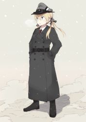 Rule 34 | 10s, 1girl, alternate costume, belt, blonde hair, blue eyes, boots, breath, coat, full body, hair ornament, hair ribbon, hands in pockets, hat, kantai collection, looking away, looking to the side, low twintails, necktie, open mouth, peaked cap, prinz eugen (kancolle), ribbon, shigino sohuzi, snowing, solo, standing, trench coat, twintails