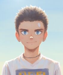 Rule 34 | 1boy, bandaid, bandaid on face, bandaid on forehead, beitemian, blue background, blue eyes, brown hair, closed mouth, facing viewer, gradient background, highres, jewelry, light, light smile, looking at viewer, male focus, necklace, original, shirt, short hair, solo, white shirt