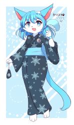 Rule 34 | 1girl, absurdres, animal ears, animal feet, animal nose, artist name, bag, barefoot, bell, blue background, blue eyes, blue hair, blue kimono, blue tail, blue theme, body fur, border, breasts, bright pupils, cat ears, cat girl, cat tail, coin purse, crystal, female focus, full body, furry, furry female, hair ornament, hand fan, hand up, happy, highres, holding, holding bag, holding fan, japanese clothes, japanese text, jewelry, jingle bell, kimono, kryztar, long hair, long sleeves, looking at viewer, neck bell, necklace, obi, open mouth, original, outside border, paper fan, sash, sidelocks, signature, small breasts, smile, snowflake print, solo, standing, tail, uchiwa, unmoving pattern, white border, white fur, white pupils, wide sleeves, wristband