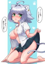 Rule 34 | 1girl, absurdres, ahoge, animal ears, areola slip, bad id, bad pixiv id, barefoot, black skirt, blue background, blush, breasts, cat ears, cat girl, cat tail, clothes lift, commentary, ear piercing, embarrassed, fang, green eyes, grey hair, hair intakes, heart, highres, kneeling, large breasts, lifting own clothes, looking at viewer, mole, mole under mouth, navel, ngetyan, no bra, nose blush, open clothes, open mouth, open shirt, original, paw print, piercing, renge (ngetyan), short hair, short sleeves, simple background, skirt, skirt lift, solo, sweat, tail, translation request, wing collar