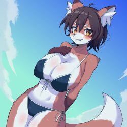 Rule 34 | 1girl, animal ear fluff, animal ears, animal nose, bikini, blue bikini, blush, body fur, breasts, bright pupils, brown eyes, brown fur, brown hair, chatora (0-furry-beast-0), cleavage, cloud, fox ears, fox girl, fox tail, furry, furry female, hand on own chest, highres, large breasts, looking at viewer, original, short hair, sky, smirk, solo, swimsuit, tail, white fur, white pupils
