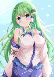 Rule 34 | 1girl, blue background, blue eyes, blue skirt, blush, breasts, closed mouth, collared shirt, commentary request, detached sleeves, dress shirt, frilled sleeves, frills, frog hair ornament, green hair, hair between eyes, hair ornament, hand up, highres, kochiya sanae, long hair, long sleeves, looking at viewer, medium breasts, shirt, skirt, sleeveless, sleeveless shirt, sleeves past wrists, smile, snake hair ornament, solo, touhou, very long hair, white shirt, xenon (for achieve)