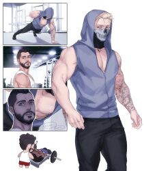 Rule 34 | 3boys, arm tattoo, bara, barbell, bench press, black hair, black pants, blonde hair, call of duty, call of duty: modern warfare 2, exercise, facial hair, ghost (modern warfare 2), grey hoodie, gym, highres, holding, holding dumbbell, hood, hood up, hoodie, large pectorals, looking at another, male focus, mask, mouth mask, multiple boys, muscular, muscular male, nipple piercing, nipples, pants, pectorals, piercing, short hair, sleeveless, sleeveless hoodie, soap (modern warfare 2), tank top, tattoo, weightlifting, white tank top, yaoi, zhyphenth