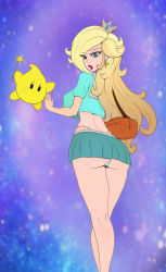 Rule 34 | 1girl, absurdres, ass, bag, blonde hair, blue eyes, breasts, colorized, crown, drawfag, earrings, eyes visible through hair, hair over one eye, handbag, highres, jewelry, large breasts, legs, lips, lipstick, long hair, long legs, looking at viewer, looking back, luma (mario), makeup, mario (series), nintendo, open mouth, pleated skirt, purple background, red lips, rosalina, skirt, solo, space, super mario galaxy, tank top, third-party edit, thong, wand