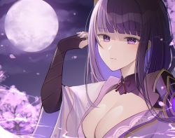 Rule 34 | 1girl, armor, breasts, bridal gauntlets, cleavage, closed mouth, commentary request, electricity, falling petals, flower, genshin impact, hair ornament, highres, japanese clothes, kimono, large breasts, long hair, looking at viewer, mole, mole under eye, moon, nail polish, nerua, petals, purple eyes, purple flower, purple hair, purple nails, raiden shogun, ribbon, shoulder armor, solo, wide sleeves