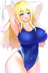 Rule 34 | absurdres, atago (kancolle), blonde hair, blue one-piece swimsuit, breasts, cleavage, competition swimsuit, covered navel, cowboy shot, gradient background, green eyes, hair between eyes, heart, highres, huge breasts, impossible clothes, impossible swimsuit, kantai collection, karin1537, large breasts, long hair, looking at viewer, one-piece swimsuit, open mouth, smile, swimsuit, undressing, white background