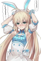 Rule 34 | 1girl, ahoge, ameman, animal ears, apron, armpits, arms up, artoria caster (fate), artoria caster (swimsuit) (fate), artoria caster (swimsuit) (second acension) (fate), artoria caster (swimsuit) (second ascension) (fate), artoria pendragon (fate), back bow, blonde hair, blue bow, blue bowtie, blue dress, blue trim, blush, bow, bowtie, buttons, dress, dress bow, embarrassed, fate/grand order, fate (series), green eyes, halterneck, highres, looking at viewer, nervous sweating, puffy short sleeves, puffy sleeves, rabbit ears, ribbon, short sleeves, simple background, sleeveless, sleeveless dress, smile, solo, speech bubble, spoken squiggle, squiggle, striped, striped bow, sweat, tearing up, twintails, two-sided bow, two-sided fabric, waist apron, wavy mouth, white apron, white background, white bow, white ribbon, white sleeves, white wrist cuffs, wrist cuffs