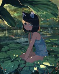 Rule 34 | 1girl, absurdres, animal ears, aqua eyes, bare arms, bare legs, bare shoulders, black hair, blush, bob cut, camisole, cat ears, commentary, highres, kgt (pixiv12957613), leaf, looking at viewer, original, outdoors, partially submerged, short hair, shorts, solo, tank top, water