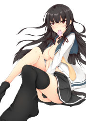 Rule 34 | 10s, 1girl, bad id, bad pixiv id, black hair, breasts, cleavage, condom, condom in mouth, gloves, highres, isokaze (kancolle), kantai collection, long hair, long legs, looking at viewer, mouth hold, red eyes, ryokucha (@bsolute territory), school uniform, serafuku, single thighhigh, skirt, solo, thighhighs