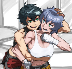 Rule 34 | 2girls, abs, ahoge, bandaged hand, bandages, bare shoulders, black hair, boxing ring, breasts, character request, cleavage, clenched hand, collarbone, commentary request, crop top, fang, fingernails, green eyes, grey hair, gym, highres, hug, hug from behind, huge breasts, medium hair, messy hair, midriff, mole, mole under mouth, multiple girls, muscular, muscular female, navel, original, pale skin, rggr, shadow, shirt, short hair, siblings, sideboob, sisters, sketch background, smug, surprised, tan, thick eyebrows, tomboy, toned, tongue, tora (rggr), white shirt