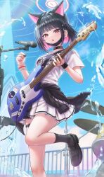 Rule 34 | 1girl, absurdres, animal ears, bass guitar, black choker, black footwear, black hair, black jacket, blue archive, blush, cat ears, choker, clothes around waist, colored inner hair, extra ears, foot out of frame, hair ornament, hairclip, halo, highres, holding, holding instrument, instrument, jacket, jacket around waist, kazusa (band) (blue archive), kazusa (blue archive), microphone, multicolored hair, open mouth, pink hair, pleated skirt, red eyes, revision, shirt, shoes, short hair, short sleeves, skirt, solo, wajuniorbox, white shirt, white skirt