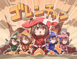 Rule 34 | 0 0, 5girls, bandana, bibi02, blue eyes, brown hair, chibi, clenched hand, curry, curry rice, doyagao, emphasis lines, food, gloves, green hat, hat, himitsu sentai goranger, knee pads, llenn (sao), military, military uniform, multiple girls, multiple persona, outline, outstretched arms, pink hat, red eyes, red hat, rice, smile, smug, sparkle, spoon, super sentai, sword art online, sword art online alternative: gun gale online, tagme, uniform, v-shaped eyebrows, white outline, yellow hat