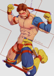 1boy abs bara blue_bodysuit blush bodysuit boots bound bound_ankles bound_arms bound_wrists brown_hair bulge chain clenched_hands cyclops_(x-men) evinist gagged gloves highres kneeling large_pectorals male_focus marvel muscular muscular_male navel nipples pectorals red_eyes restrained short_hair solo thick_thighs thighs x-men yellow_gloves